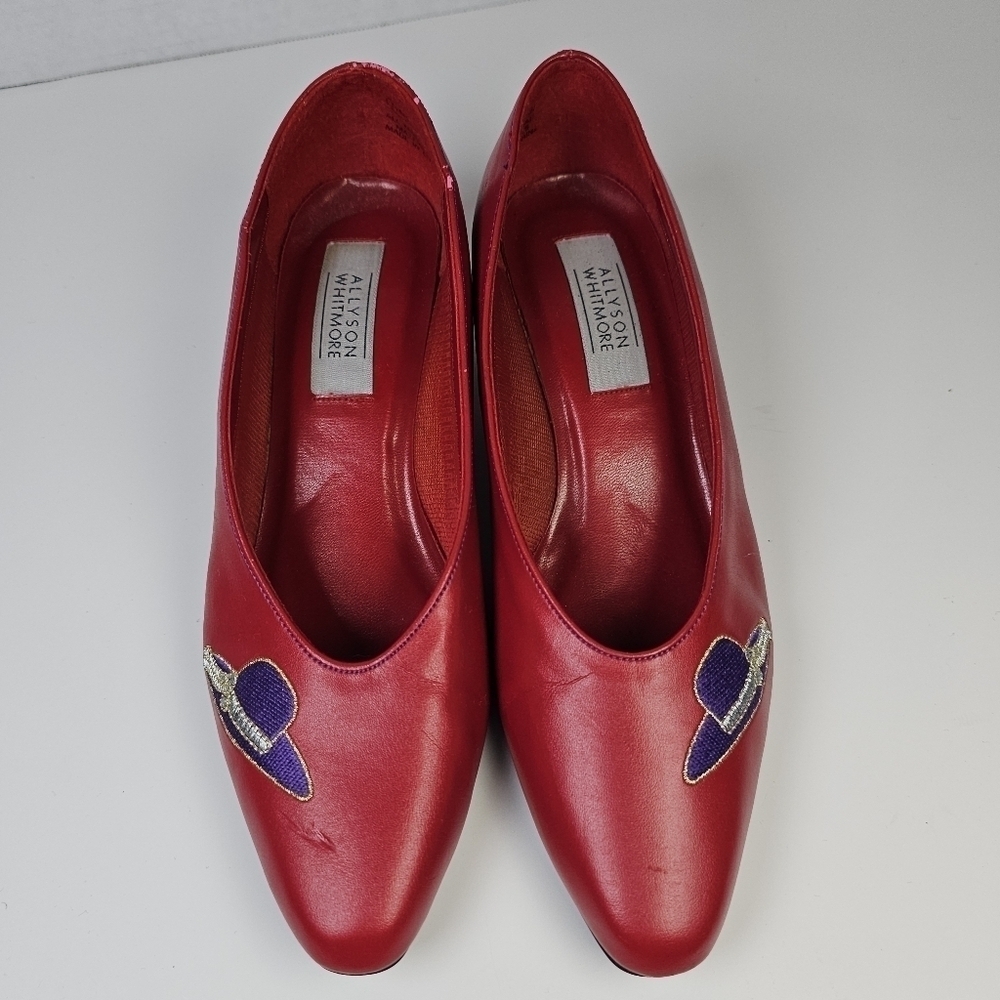 Vintage Allyson Whitmore Red Pumps with Purple Hat Design - Picture 7 of 10